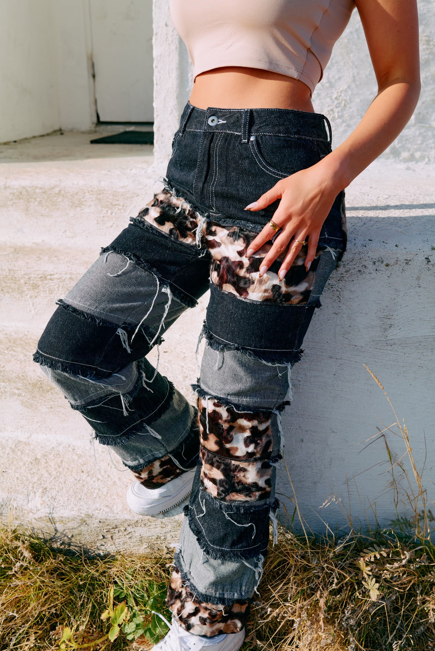 Denim Jeans with Tan Camouflage Swakara Patches and Pockets